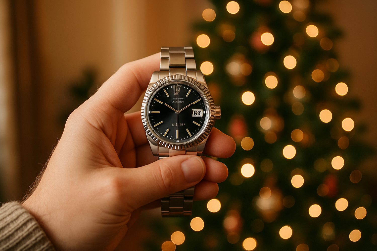 Create a realistic image of a pov of a person watching a watch and behind it there is a christmas tree illumnated