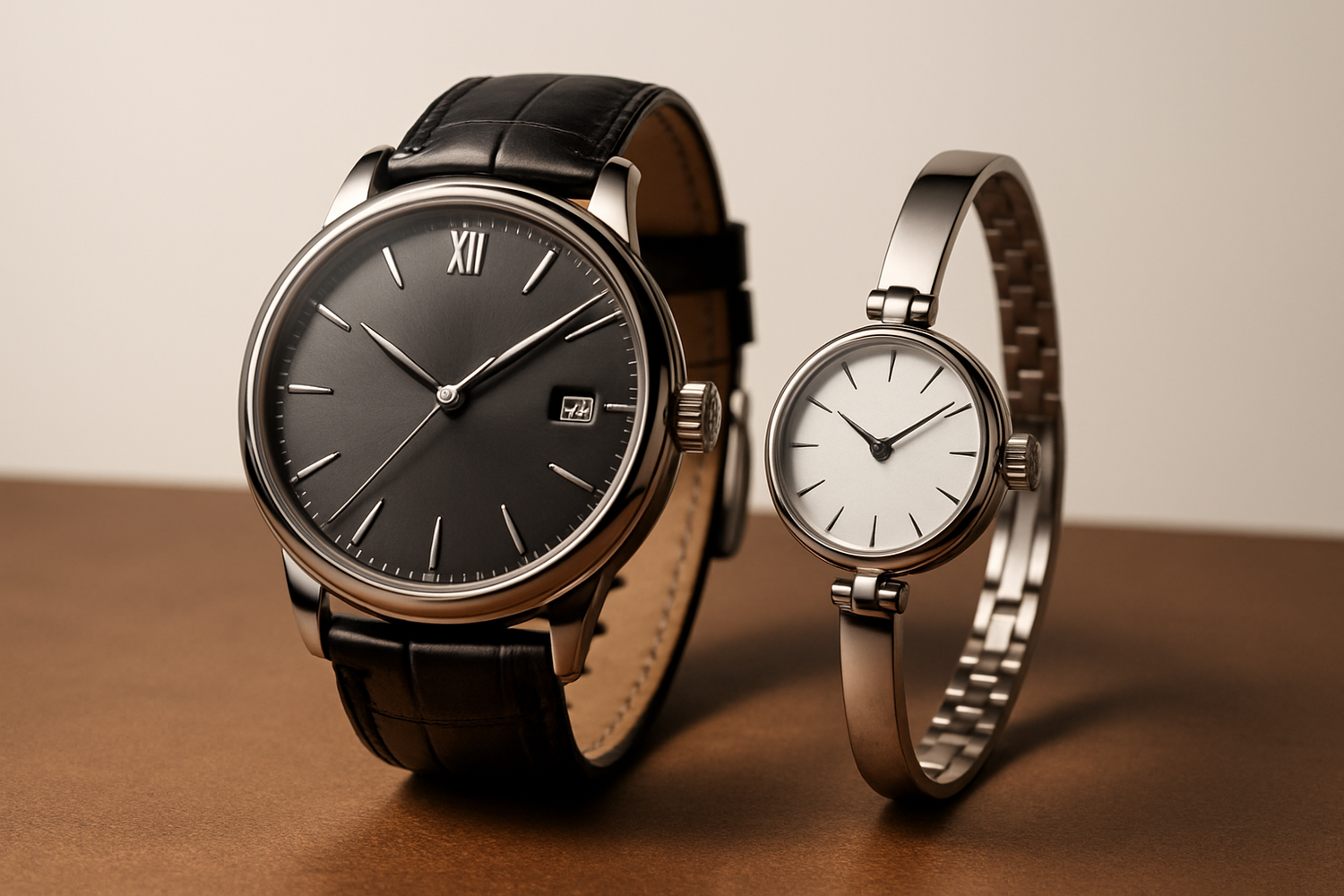 generate a bundle of two watches one for man and the other one for woman, make them elegant
