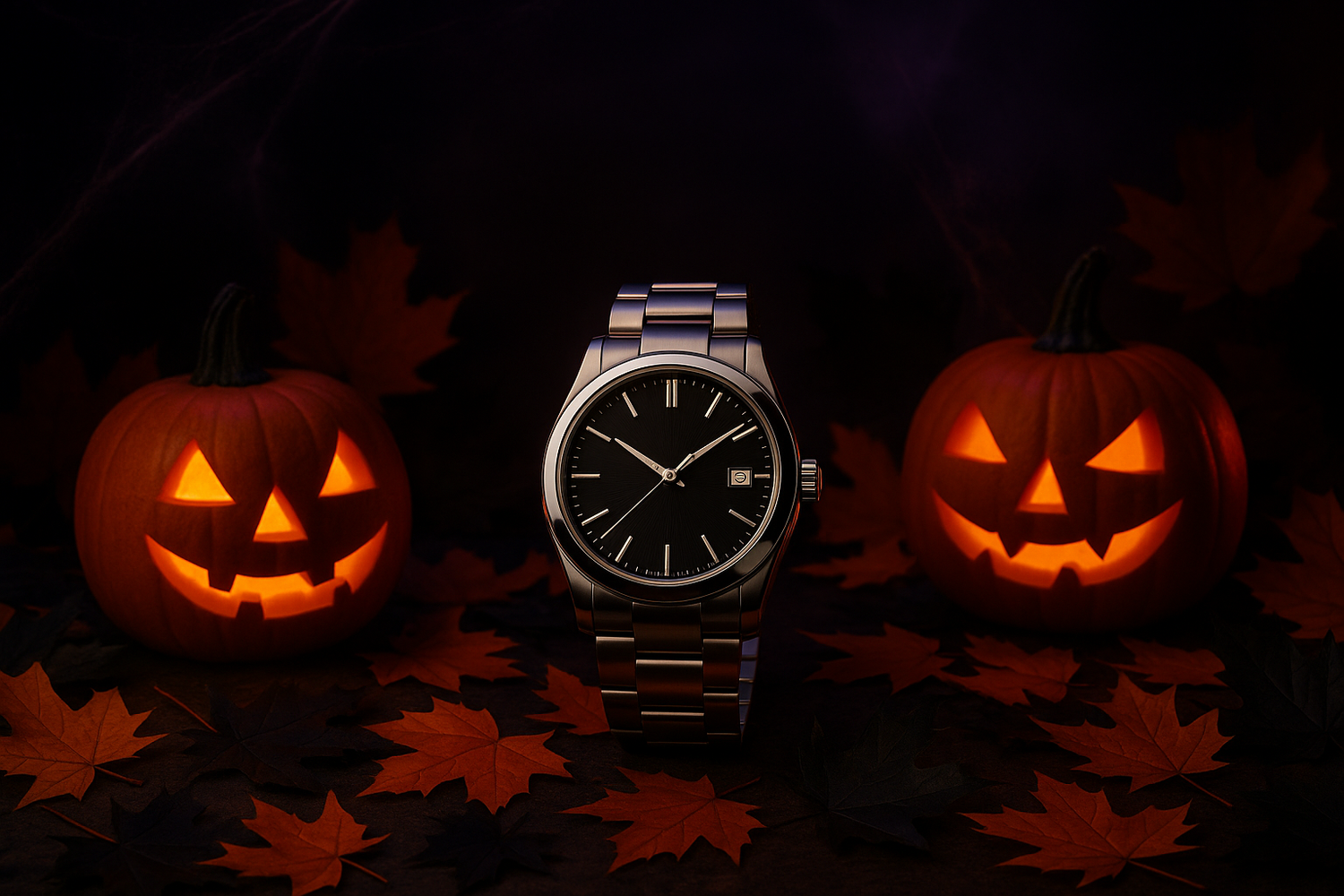 Generate an image of a halloween themed post that the main article is a watch, the idea is to put it in the image for collection of halloween discounts