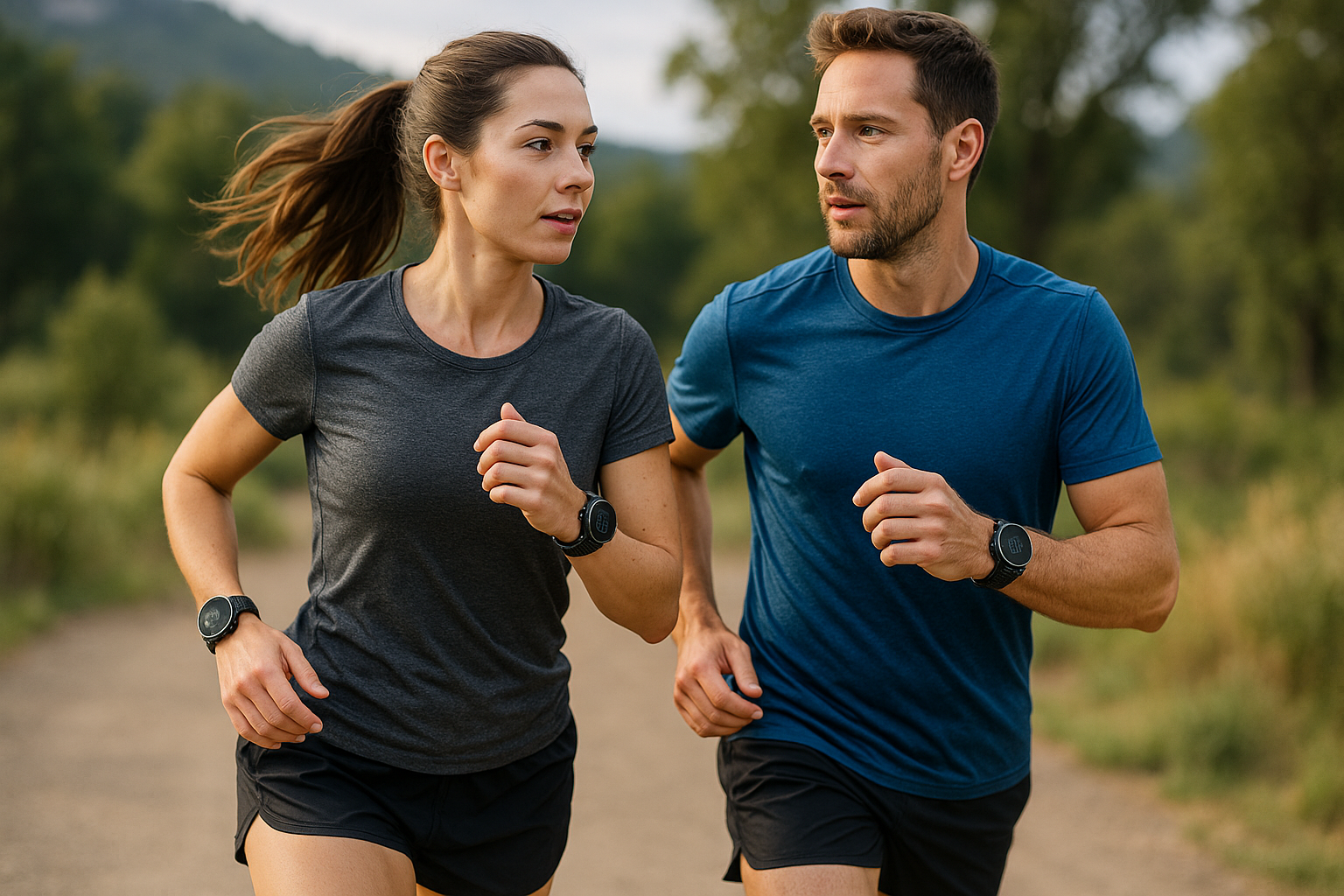 Create a realistic running couple wearing sport watches